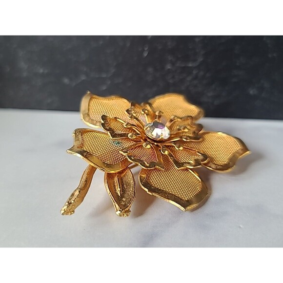 Prong Set Rhinestone Gold Tone Metal Floral Brooch Vintage, READ - Picture 3 of 10